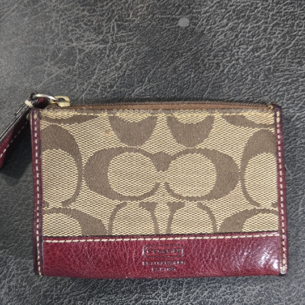 Coach Khaki Signature Canvas Card Holder with Burgundy Trim, 9